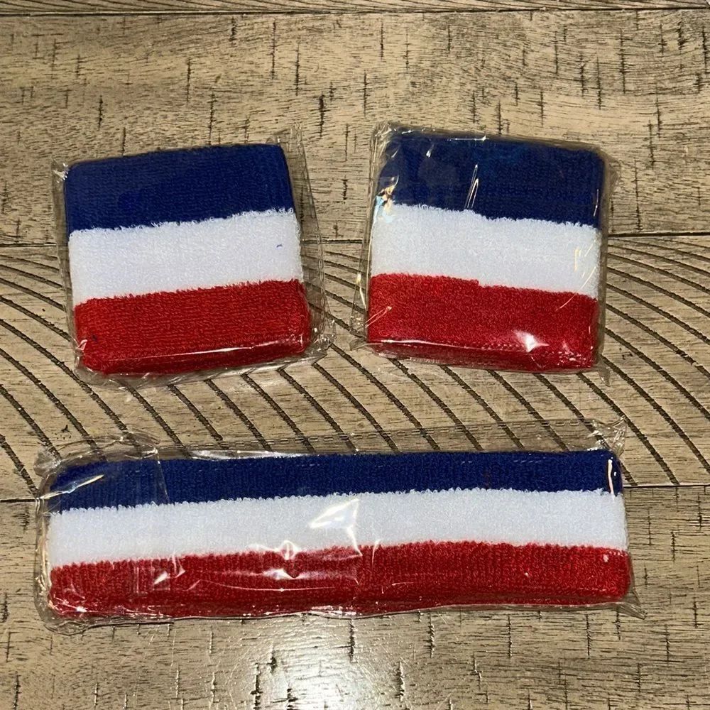 No Sweat! 😅 Red, White, & Blue 🇺🇸 Wristbands and Headband Terry Cloth Set